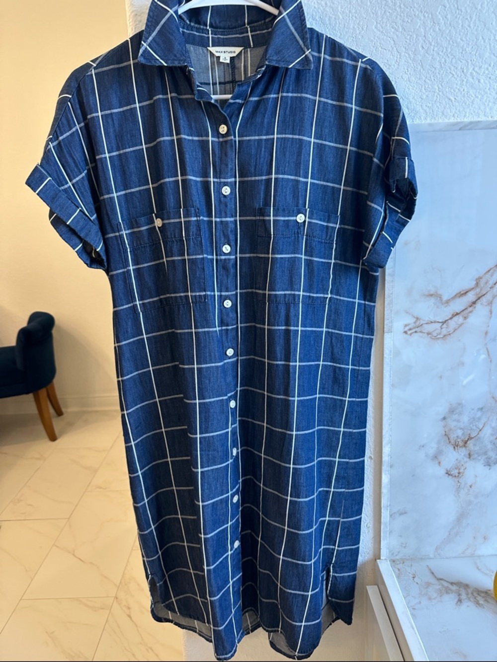 MAX STUDIO Washed Indigo Windowpane Shirt Dress